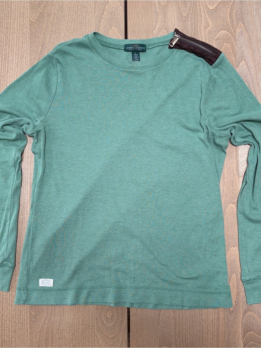 Lauren Ralph Lauren Teal-Green Long Sleeve Crewneck with Shoulder Zip Large